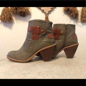 Anthropologie Booties, stylish, gray with brown leather accents.